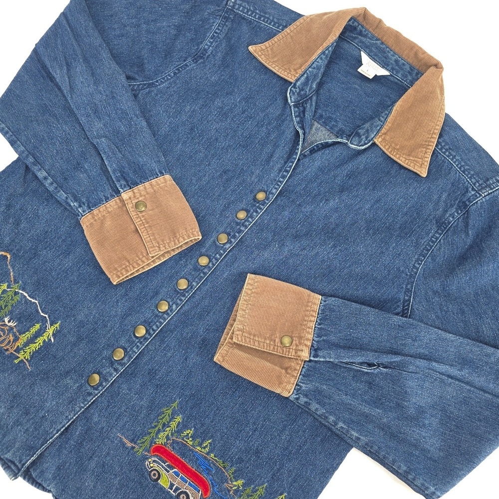 VTG Christopher Banks Embroidered Denim Shacket Womens Large Camping Cottagecore